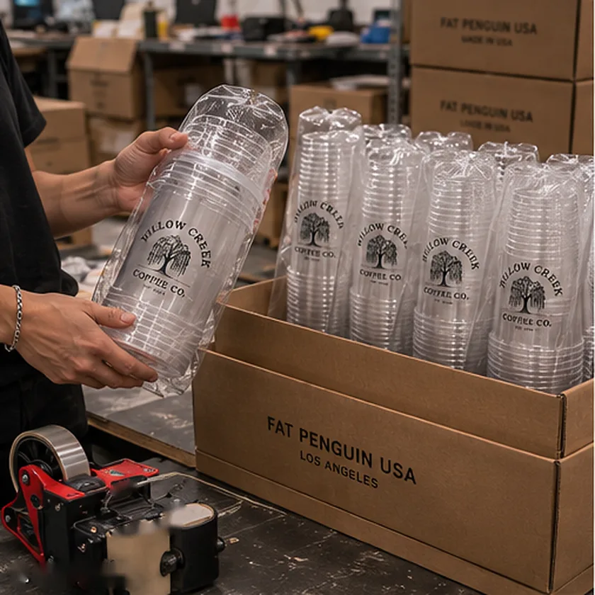 Sleeved Willow Creek cups packed into Fat Penguin USA cases