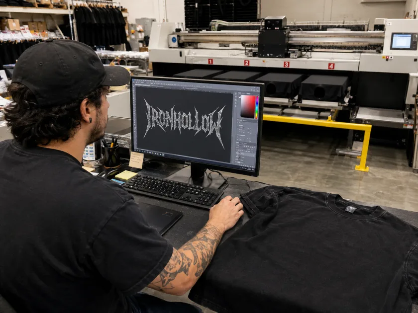 Prepping the IRONHOLLOW shirt art beside the press
