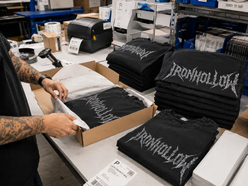 Folded IRONHOLLOW tees boxed in tissue at the ship bench