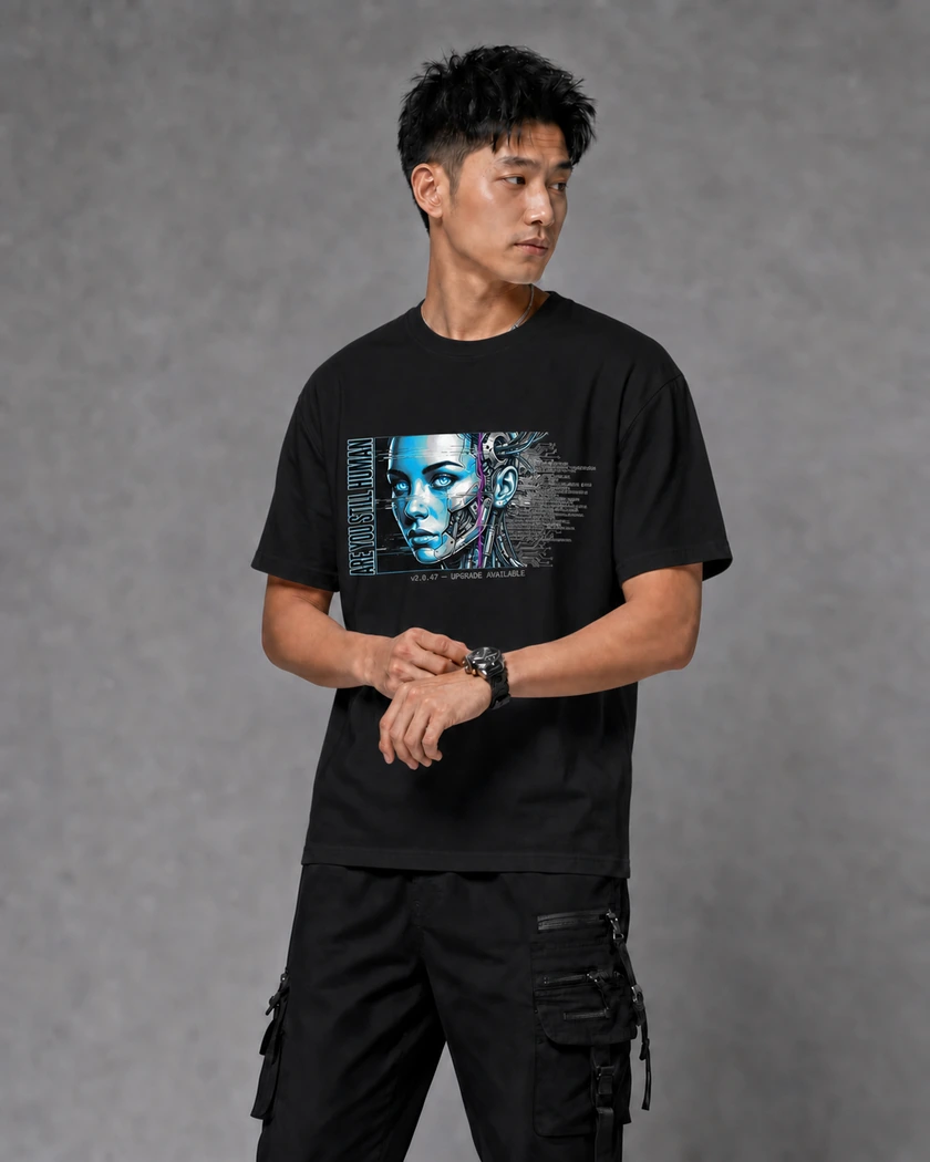 Our Still Human print on a black cotton shirt